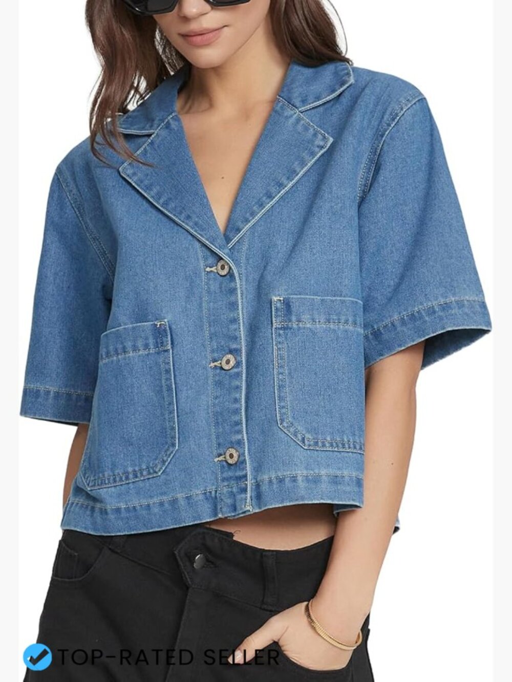 Women's Cropped Denim Jacket Short Sleeve Boxy Fit Classic Jean Shirt